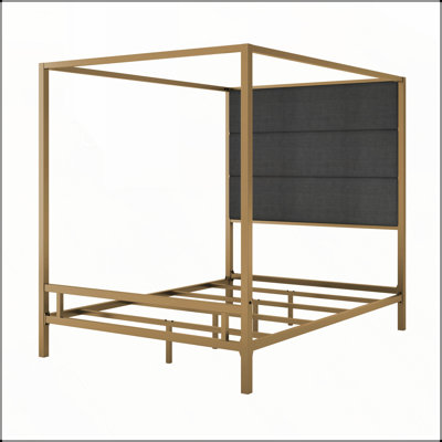 Modern Canopy Bed with 76.5" Tall Linen Upholstered Headboard Metal 4 Poster Bed Frame Box Spring Needed Queen