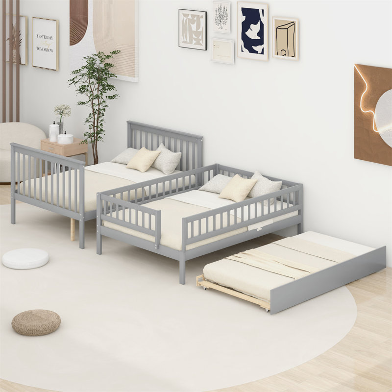 Full Over Full Wooden Bunk Bed With Trundle & Staircase, Gray