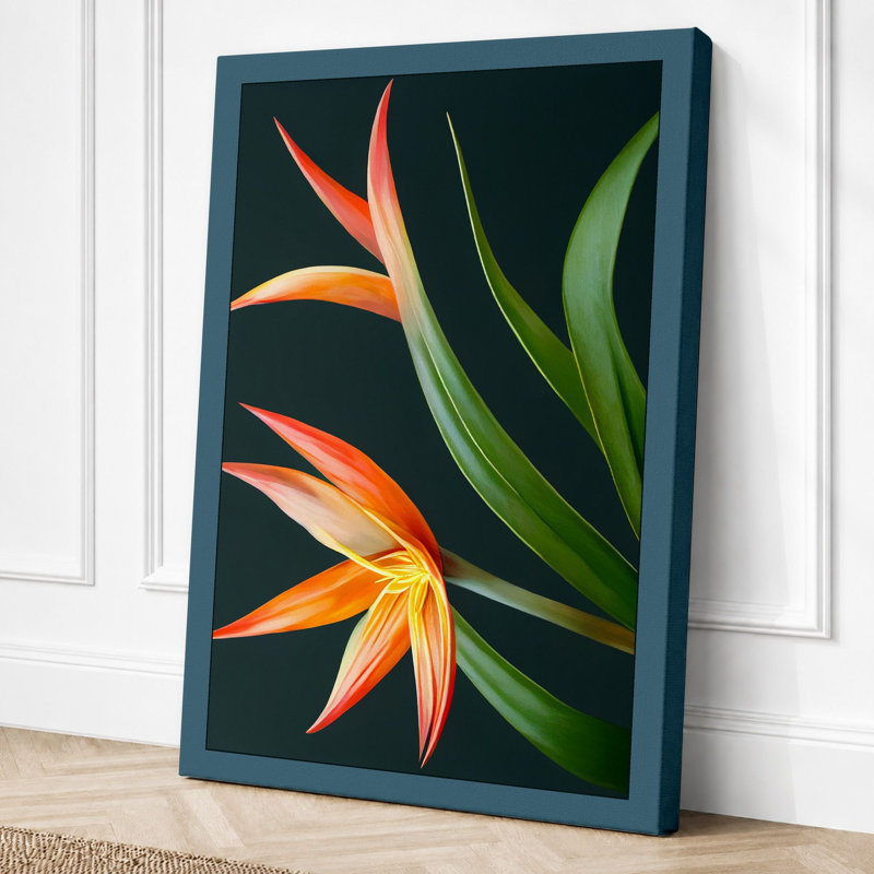 Birds of Paradise Botanical 1 Piece Wrapped Canvas Wall Art, 30x20 - 76.2 x 50.8 cm, Teal Border
