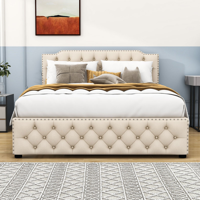 Lit plateforme tapissier Charnissa, Beige