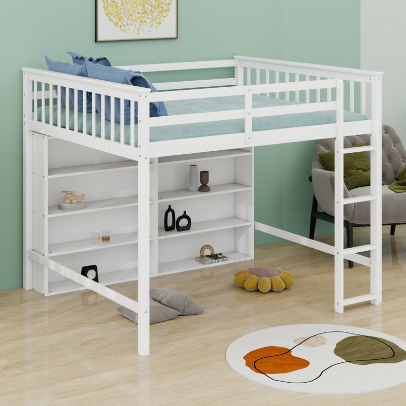 Solid Wood Loft Bed With 8 Open Storage Shelves, Built-In Ladder, White