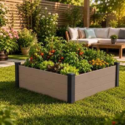 Ensemble de jardin surélevé de L 50,6 po x l 50,6 po Kozyard, pot à fleurs d'extérieur WPC avec cadre en aluminium, pot à fleurs surélevé avec drain de fond ouvert, toile de protection contre les mauvaises herbes pour fleurs, herbes