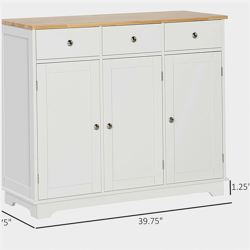 HOMCOM Sideboard with Solid Wood Countertop, Modern Kitchen Storage Cabinet, Coffee Bar Cabinet with 3 Drawers, Doors and Adjustable Shelf, White