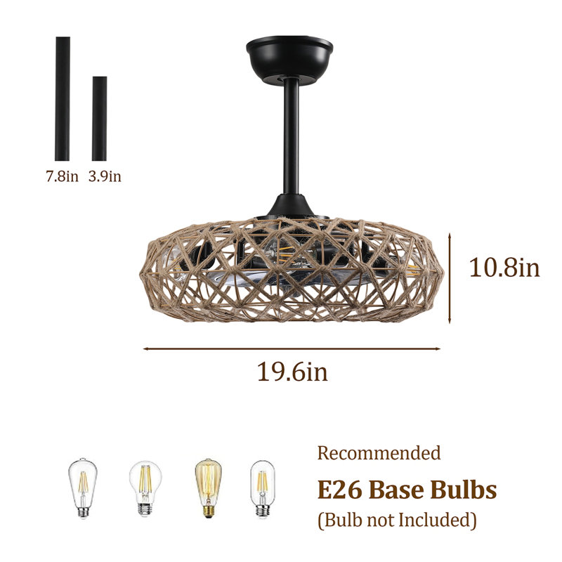 Ventilateur de plafond en corde de chanvre 19 po avec 4 ampoules, intensité variable, 7 pales, moteur à courant continu réversible.