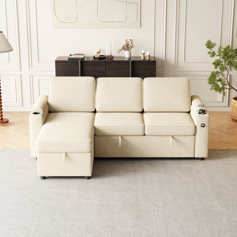 Canapé-lit convertible avec méridienne réversible Sylvanis, Mélange de polyester beige