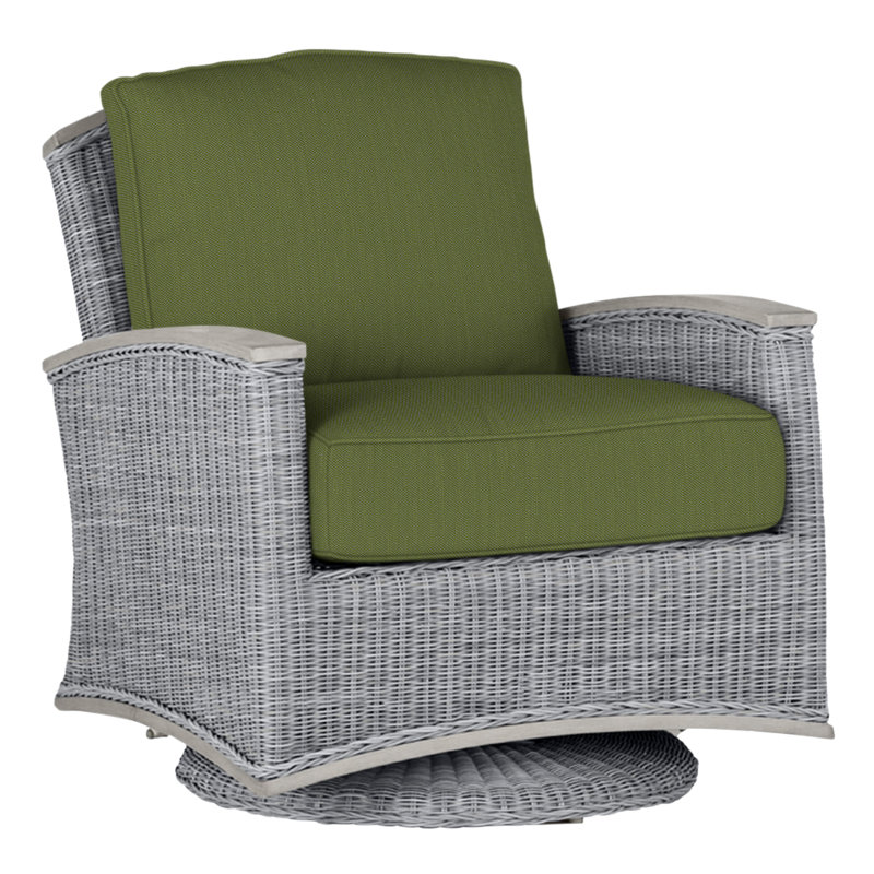 Outdoor Astoria Swivel Glider Wicker Chair with Cushions, Welt + Standard fill, Oyster, Intermix Indigo