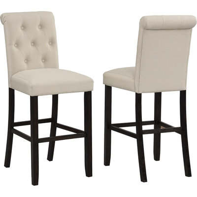 Set Of 2 Solid Wood Tufted Bar Stools, Tan