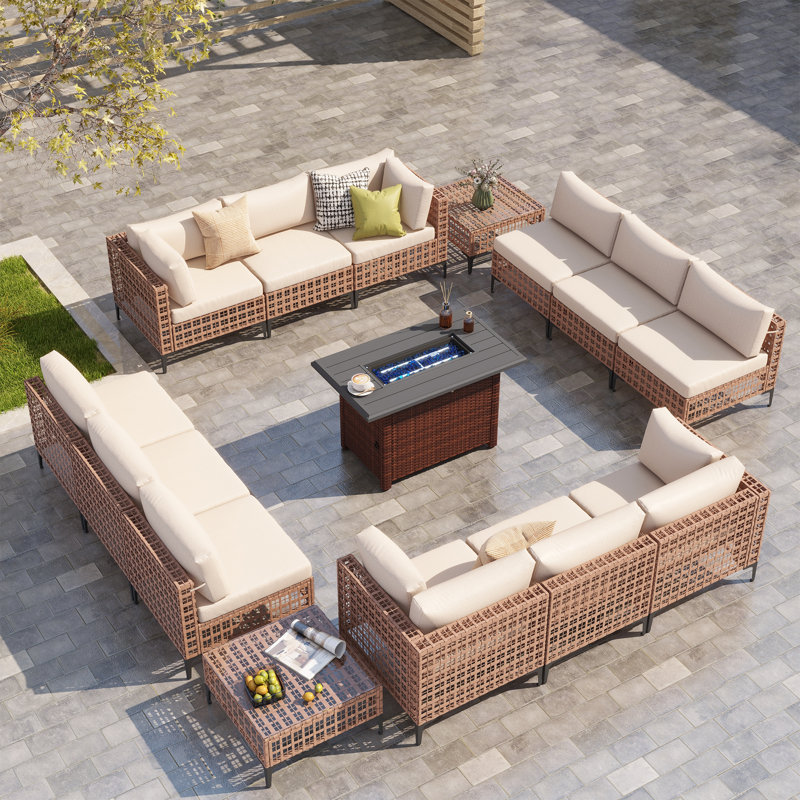 15 - Piece Outdoor Seating Group With Cushions, Beige, Beige