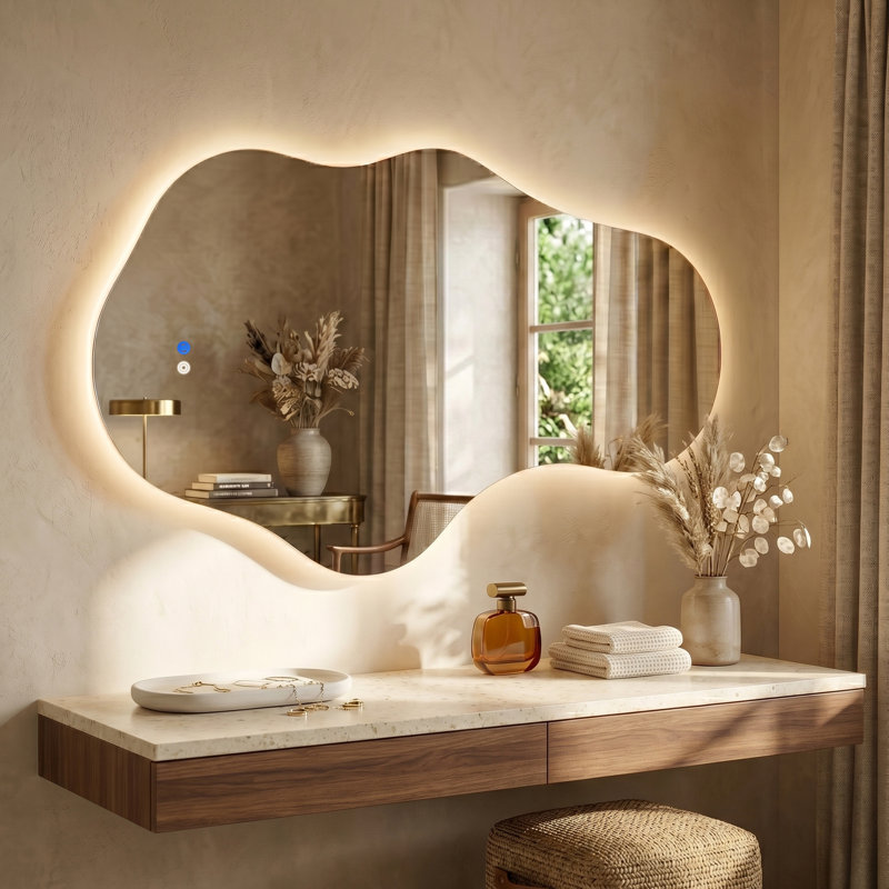 Miroir de salle de bain asymétrique à DEL rétroéclairé sans cadre avec réglage de 3 couleurs et antibuée, 36" x 22", Pebble