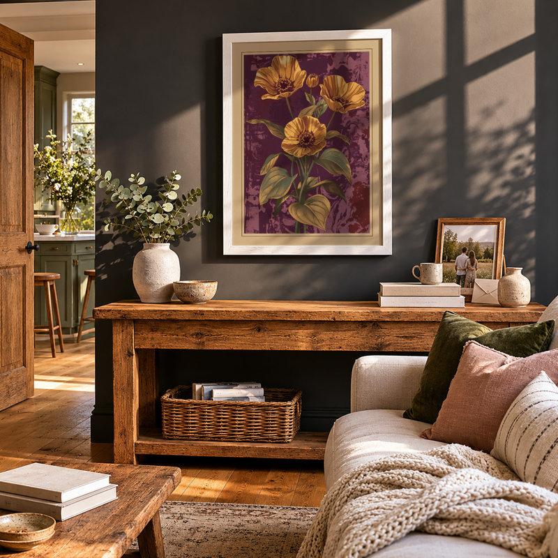 Golden Blooms On Purple Botanical - Print, A4 - 29.7 x 21.0 cm, White