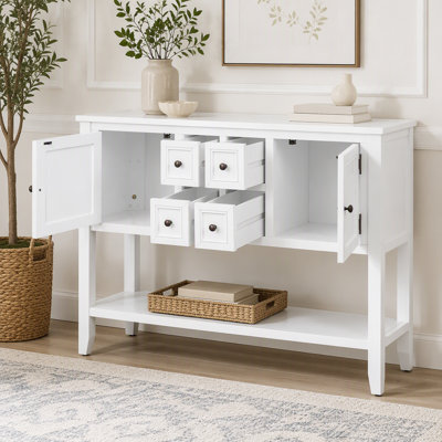 Console de rangement rétro avec quatre petits tiroirs et une tablette inférieure