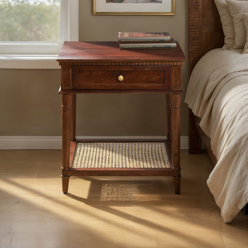 Maxwelton Solid Wood End Table with Drawer and Woven Cane Storage Shelf, Brown