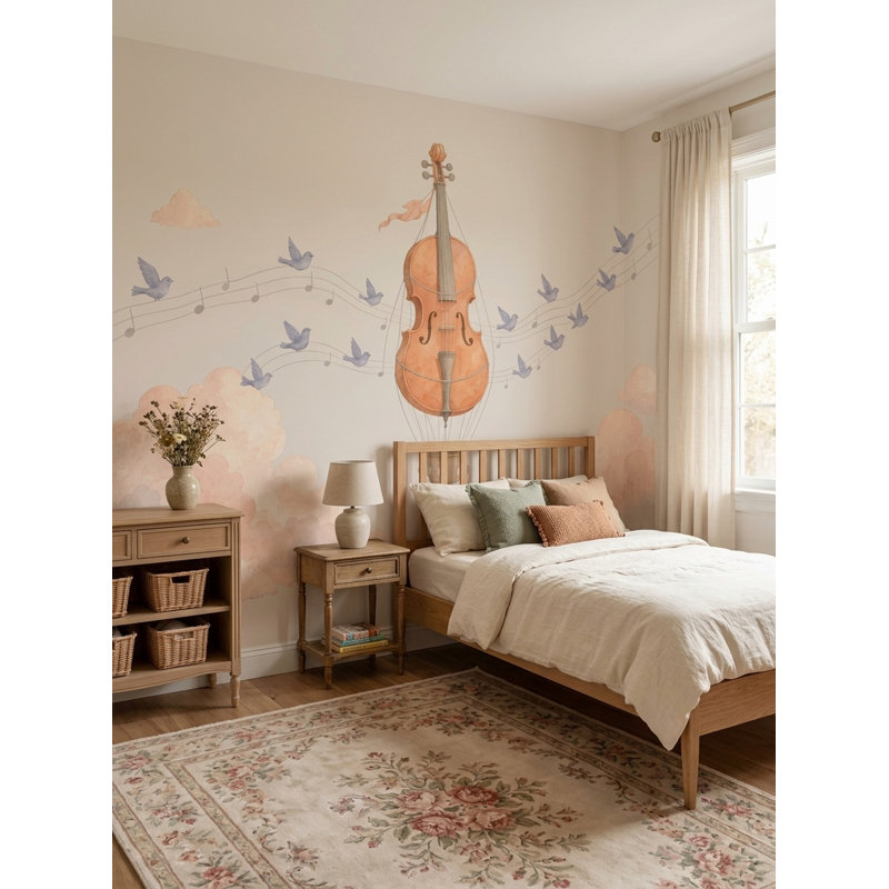 Papier peint mural aquarelle représentant un violon et une montgolfière, avec un ciel aquarellé., 200"x120"
