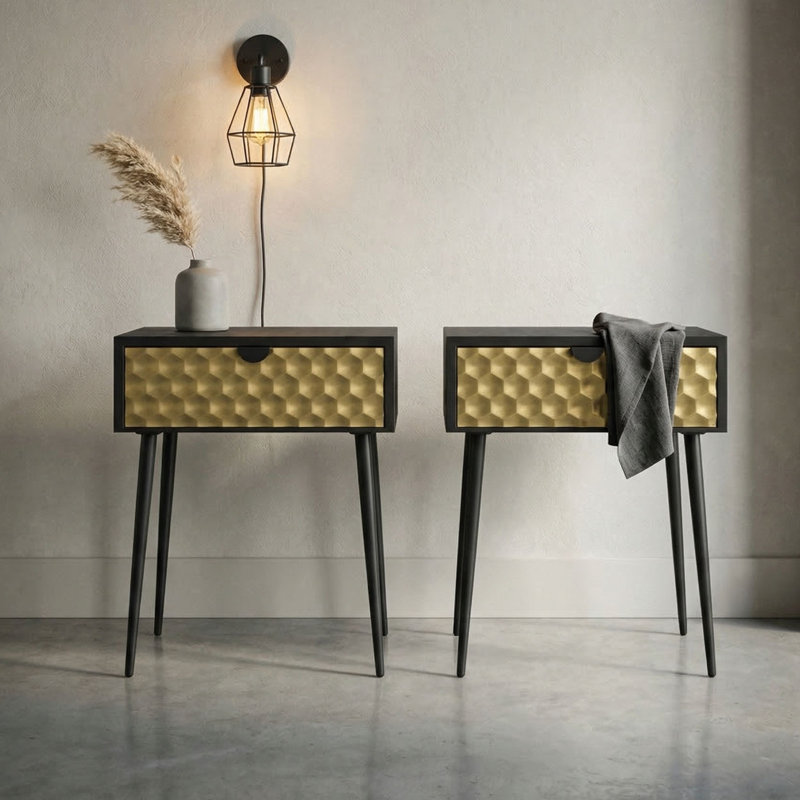 Set of 2 Jupiter Metal 1-Drawer Bedside Tables, Black with Gold-Effect Drawer