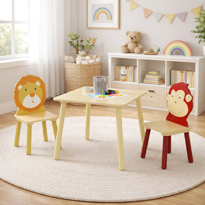 Ensemble de table et 2 chaises pour enfants, table d'activités en bois pour tout-petits avec chaises à dossier en forme de lion et de singe, table de jeu pour dessiner, lire, prendre la collation dans la salle de jeux ou la chambre d'enfant
