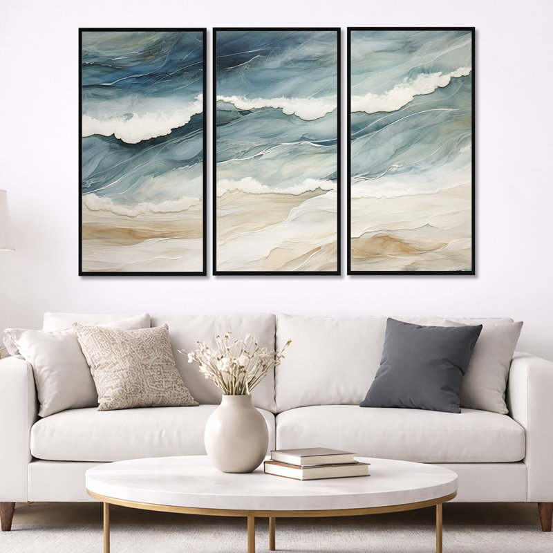 Bleu moderne et beige sable, vue aérienne III - ensemble de reproduction d'art sur la plage côtière, Cadre flottant noir