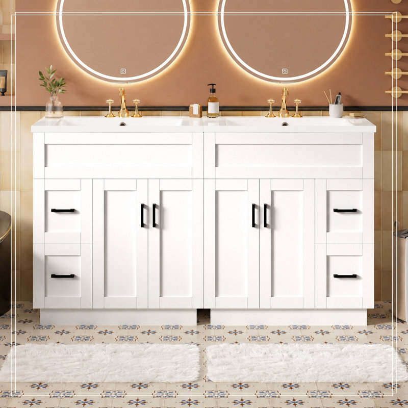 Meuble-lavabo avec 4 portes d'armoire, 4 tiroirs et 2 tablettes réglables, White