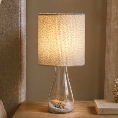 Coastal Rechargeable Glass Accent Table Lamp with White Linen Shade and Adjustable LED Light