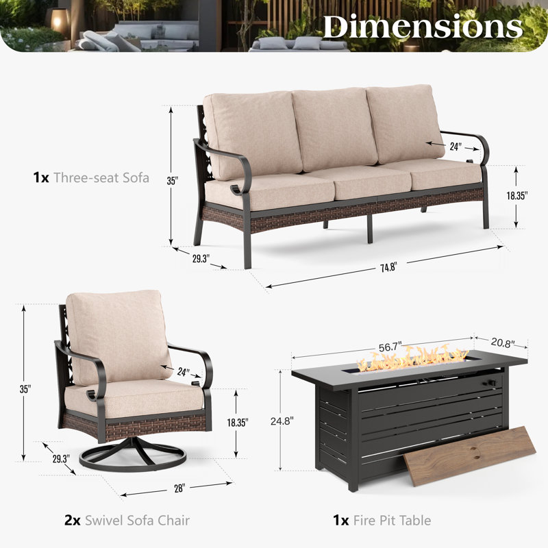 5 Person Outdoor Conversation Set With Swivel Lounge Chairs & Fire Pit Table, Black/Beige/Black
