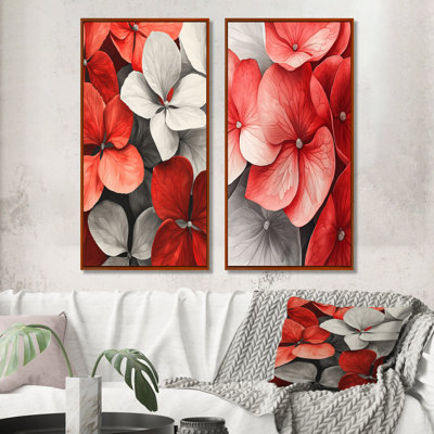 Monogramme de l'hortensia rouge et pétales décoratifs I - Collection de 2 panneaux muraux floraux