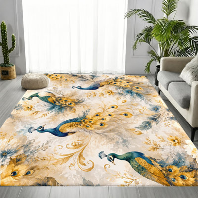 Tapis floral paon, motif botanique rétro élégant, tapis antidérapant doux et lavable à la machine, décoration intérieure pour le salon, la chambre à coucher, le vestibule, la porte d'entrée, la cuisine, le balcon et l’appartement