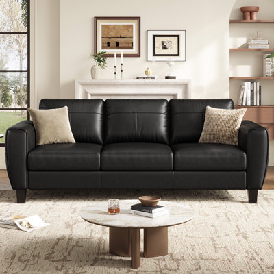 87" Genuine Leather Upholstered Sofa with Square Arm and Side Pocket