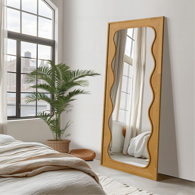 Solid Wood Wavy Right-Angled Rectangular Log-Colored Full-Length Mirror For Living Room