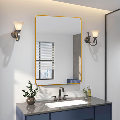 Miroir mural encadré en métal doré de 24 po x 36 po pour l'excellence de la salle de bain, verre de 4 mm de hauteur non déformé, cadre rouillé, guide d'installation à améliorer, instructions d'aide