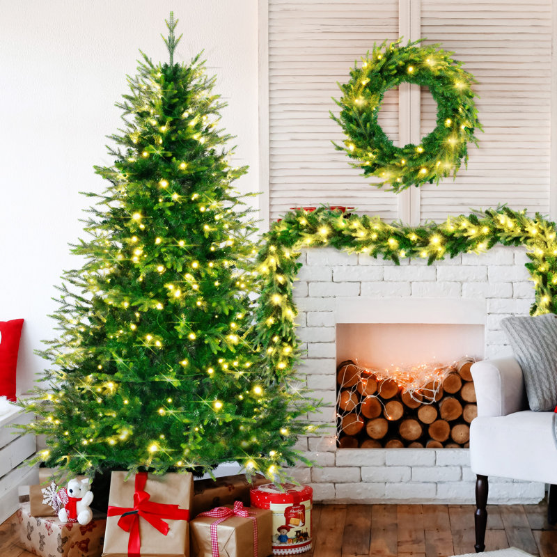 Pre-Lit Aspen Fir Artificial Christmas Tree With Wreath & Garland,Grass  Xmas Tree With 380 Multi-Colour LED Lights, 11 Lighting Modes, 861 PE Branch Tips, For Indoor Holiday Decor