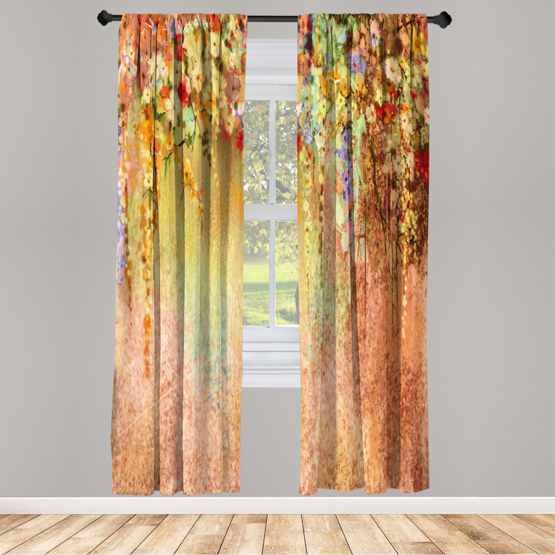 Floral Abstract Yellow and Orange Microfiber Rod Pocket Curtain Panels, 28" x 84"