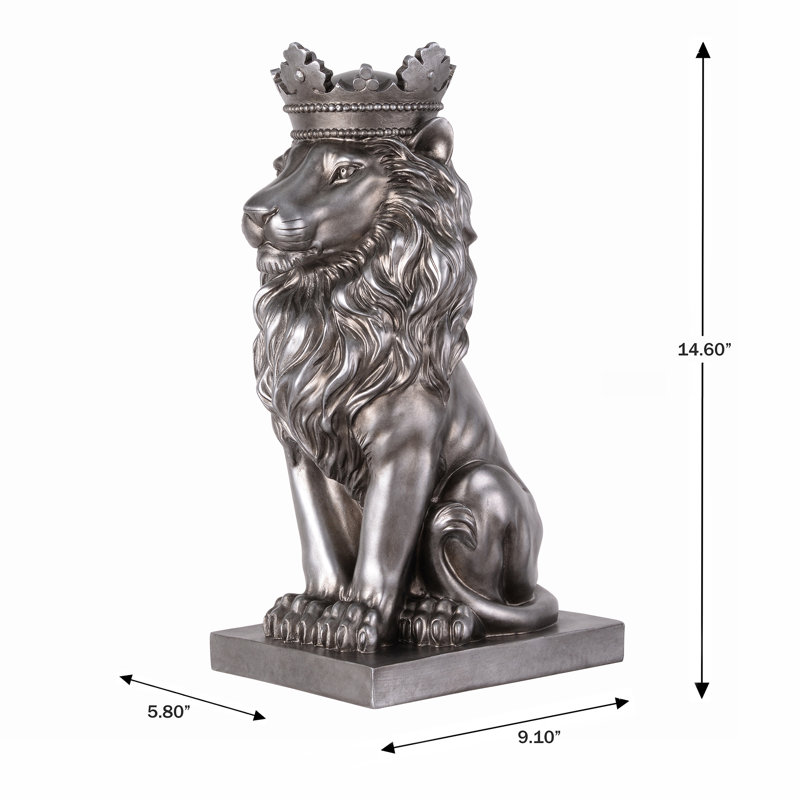 14.5" H Sitting Lion W/Crown Resin Statue Home Decor Living Room Display, Silver