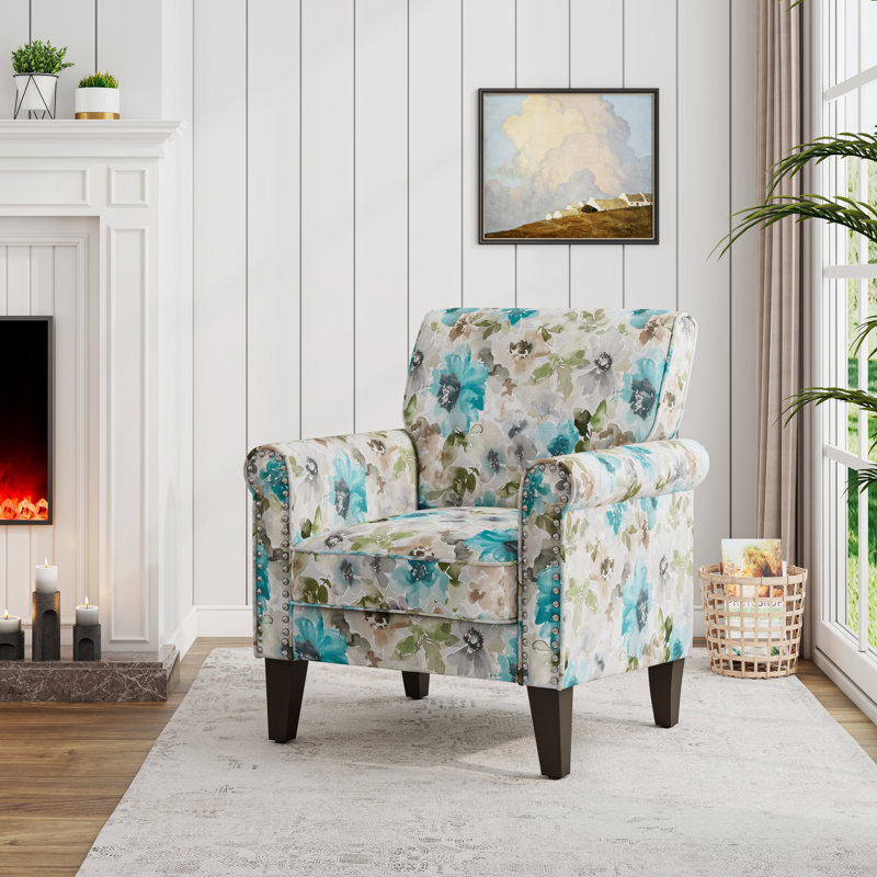 Chaise d'appoint Barnet en bleu pastel et floral gris avec pieds en bois massif, Bleu/gris