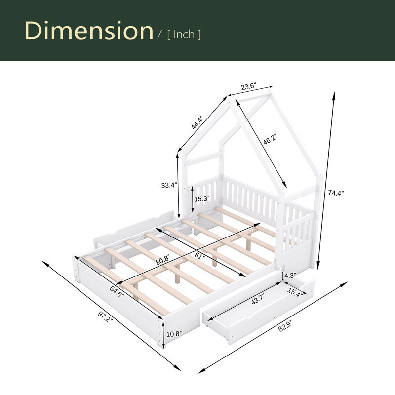 Lit plateforme en bois avec garde-corps et 2 tiroirs Wood House, Blanc