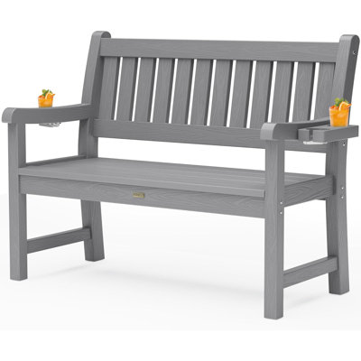 Outdoor Bench HIPS Patio Garden Bench For 2-Person With 2 Cup Holders by Latitude Run