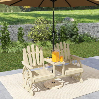 2-seat Wooden Garden Bench With Table And Umbrella Hole, High Backrest With Armrests, Rustic Wagon Wheel Style Patio Bench For Backyard, Garden, Natural Wood