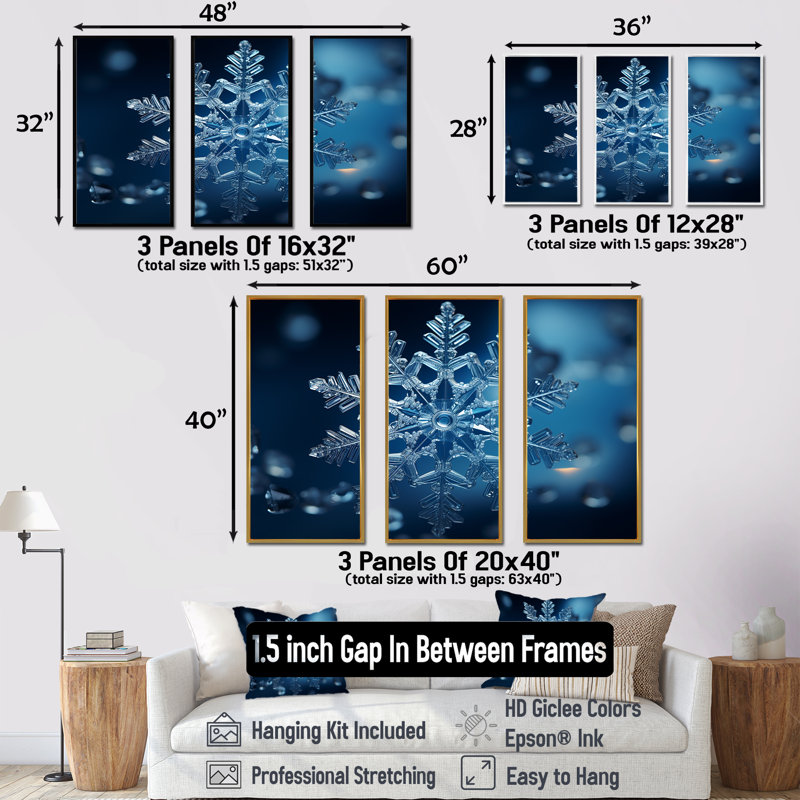 «Blue Snowflake Holiday I - Winter Landscape», art mural, Cadre flottant brun, H 32 po x l 48 po x P 1 po