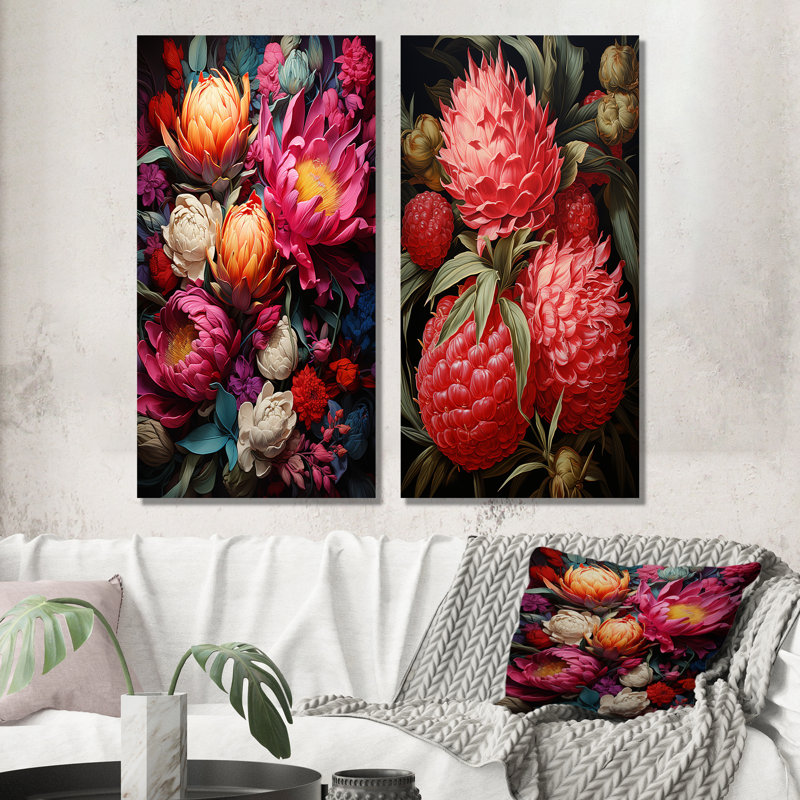 Rustic Ruby Flower Impression I - Fleurs, ensemble de 2 décorations murales, H 28 po x l 25 po, Toile tendue