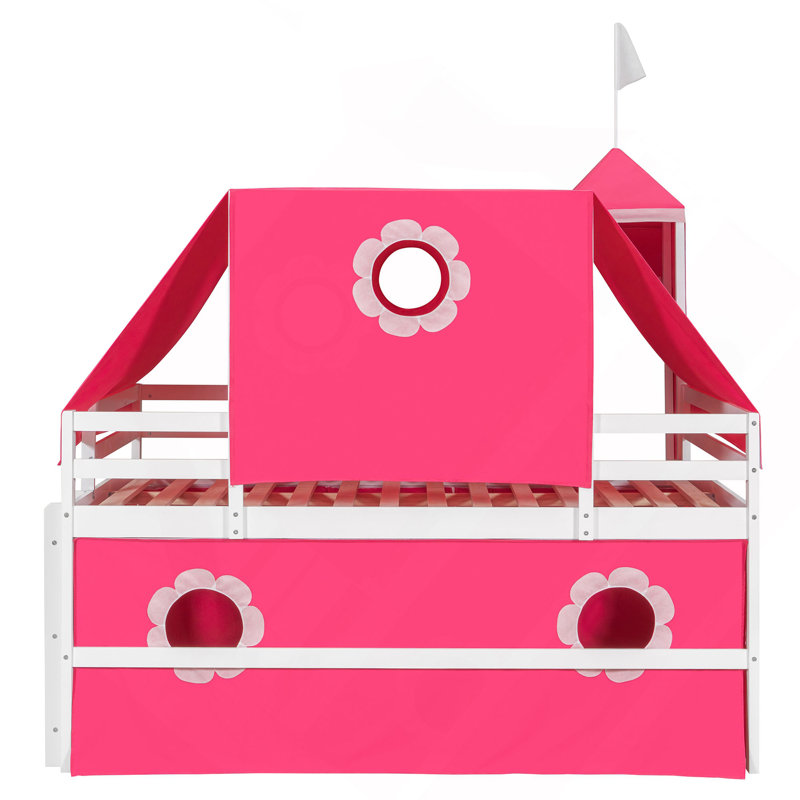 Lit mezzanine avec tente coulissante et tour, Lit double, Rose