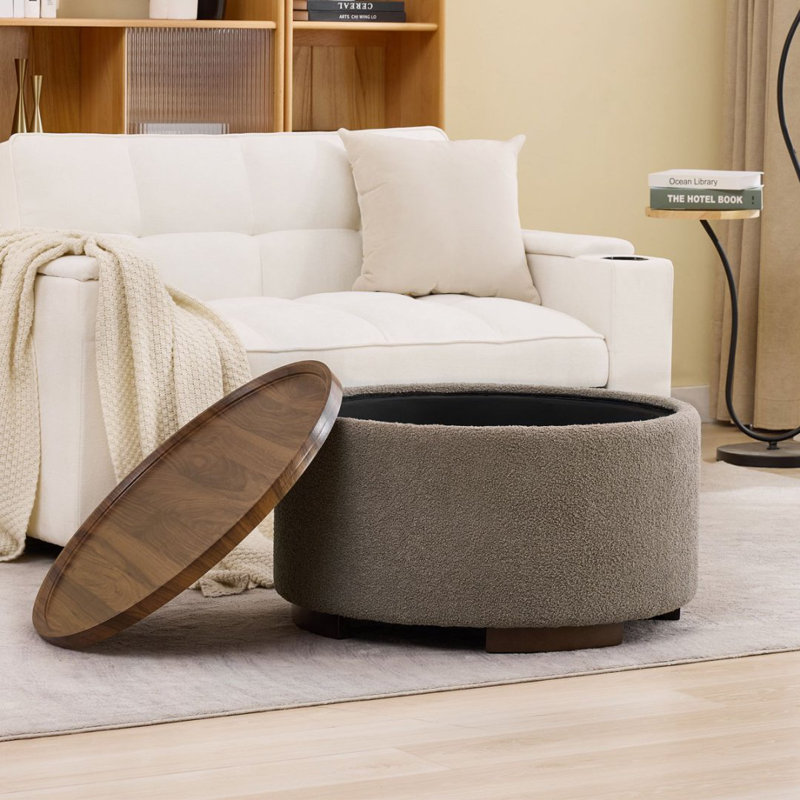 Table basse ronde avec repose-pieds 29,5 pouces, table basse circulaire moderne avec rangement avec couvercle amovible et pieds en bois massif, grand repose-pieds rond pour la chambre à coucher et le salon