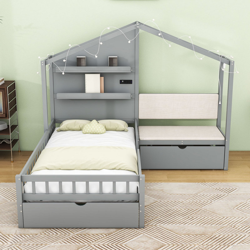Lit simple avec station de charge et tiroirs, Gris