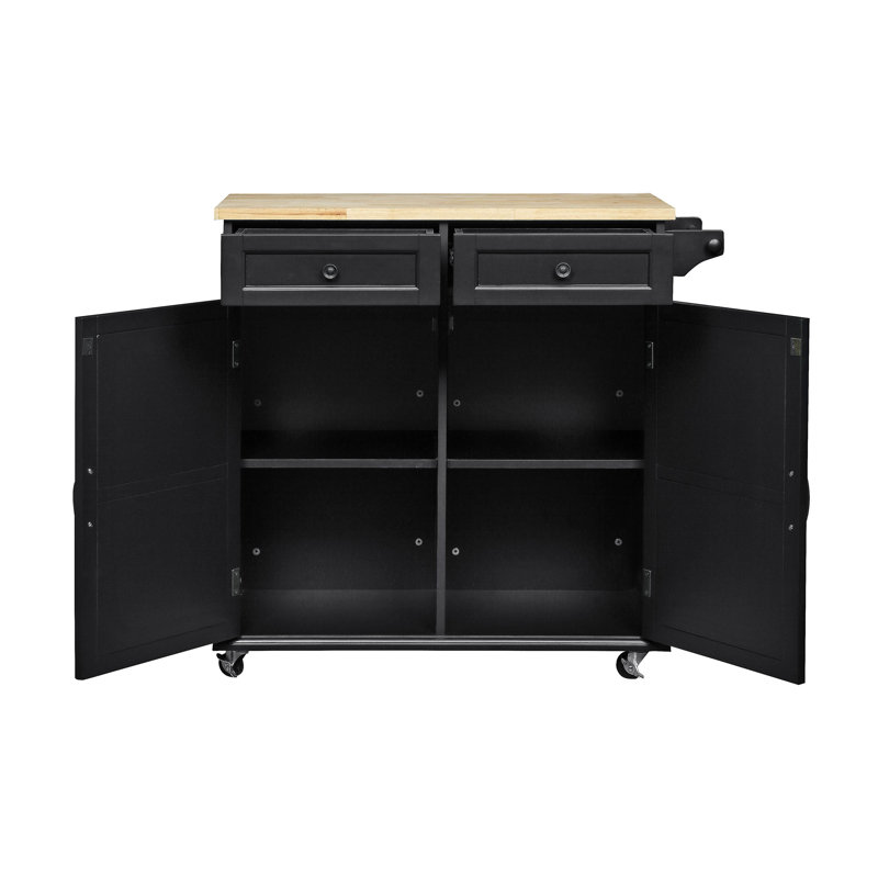 Chariot de cuisine de 37,8 po de largeur avec plateau en bois massif Ottery, Noir