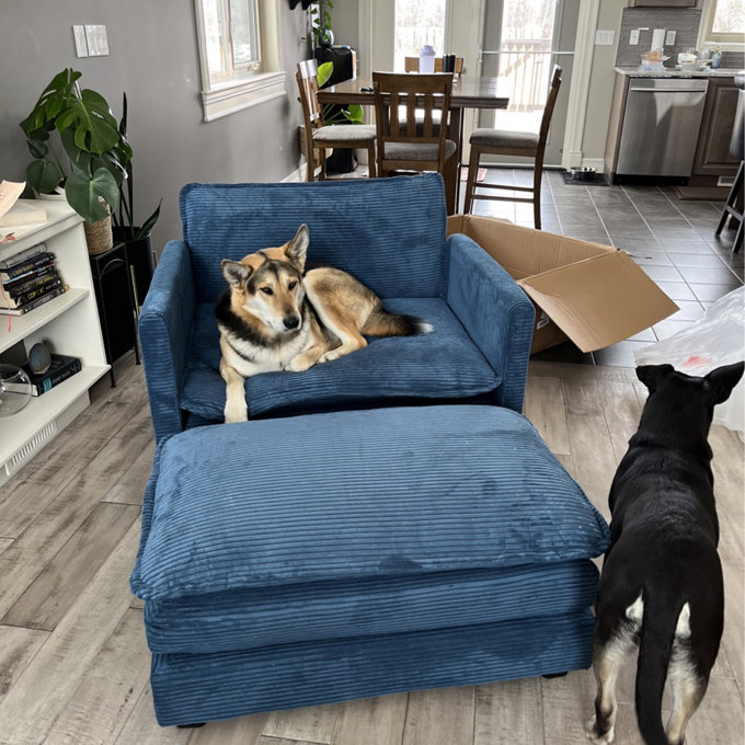 Redenius 42" Upholstered Corduroy Armchair with Ottoman - Navy Corduroy