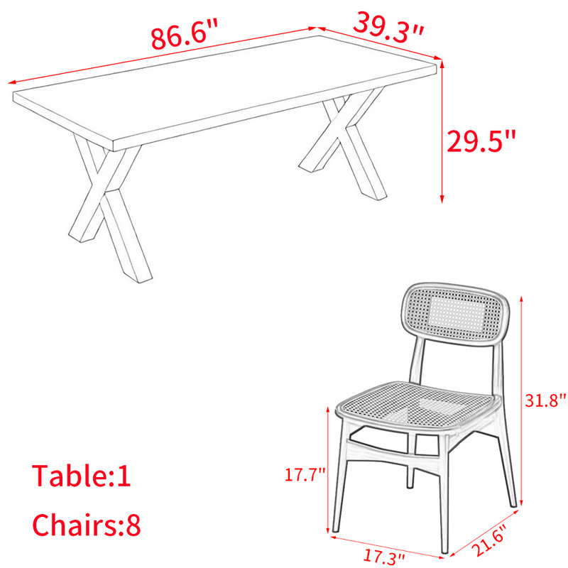 Japanese style solid wood dining table set, 29.5"H x 86.6"L x 39.3"W