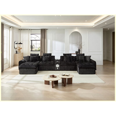 Modular Sectional Sofa with Throw Pillows Black