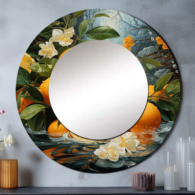 Sarn orange tropical Twist I - grand miroir de fruits, décor de miroir mural rond traditionnel, impression sur métal