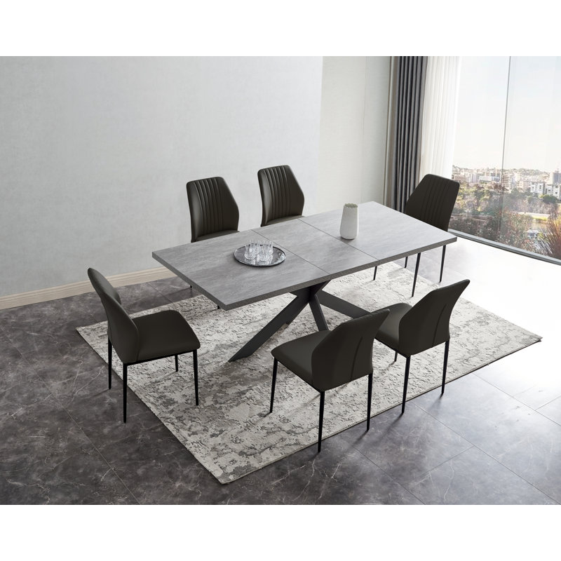 6 - Person Modern Oak Kitchen Dining Set, 51.2'' to 67'' Extendable Dining Table with 32.4"H Upholstered Dining Chairs for 6 Person