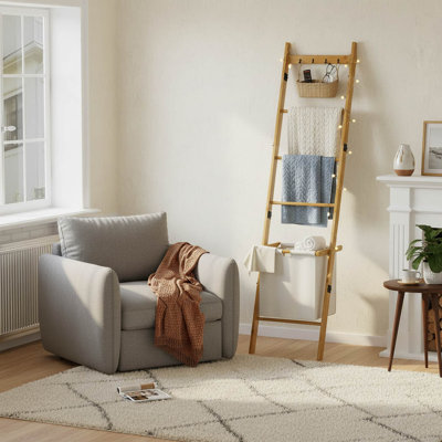 Bamboo 5-Tier Blanket Ladder With Storage Basket & Hooks