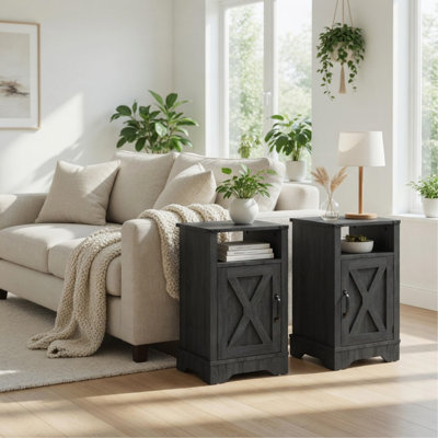 Set of 2, 16" Dark Grey Farmhouse Nightstand w/ Charging Station & Storage