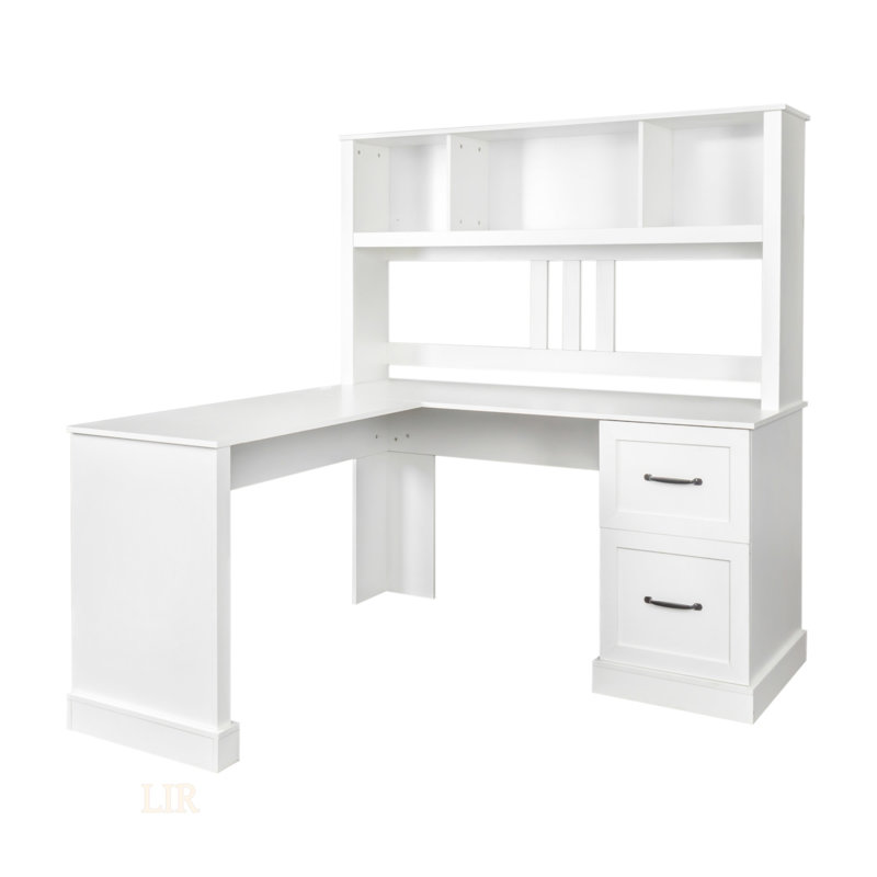 Antiqued White Home Office Computer Desk With Hutch, Ample Storage And Large Working Space, White