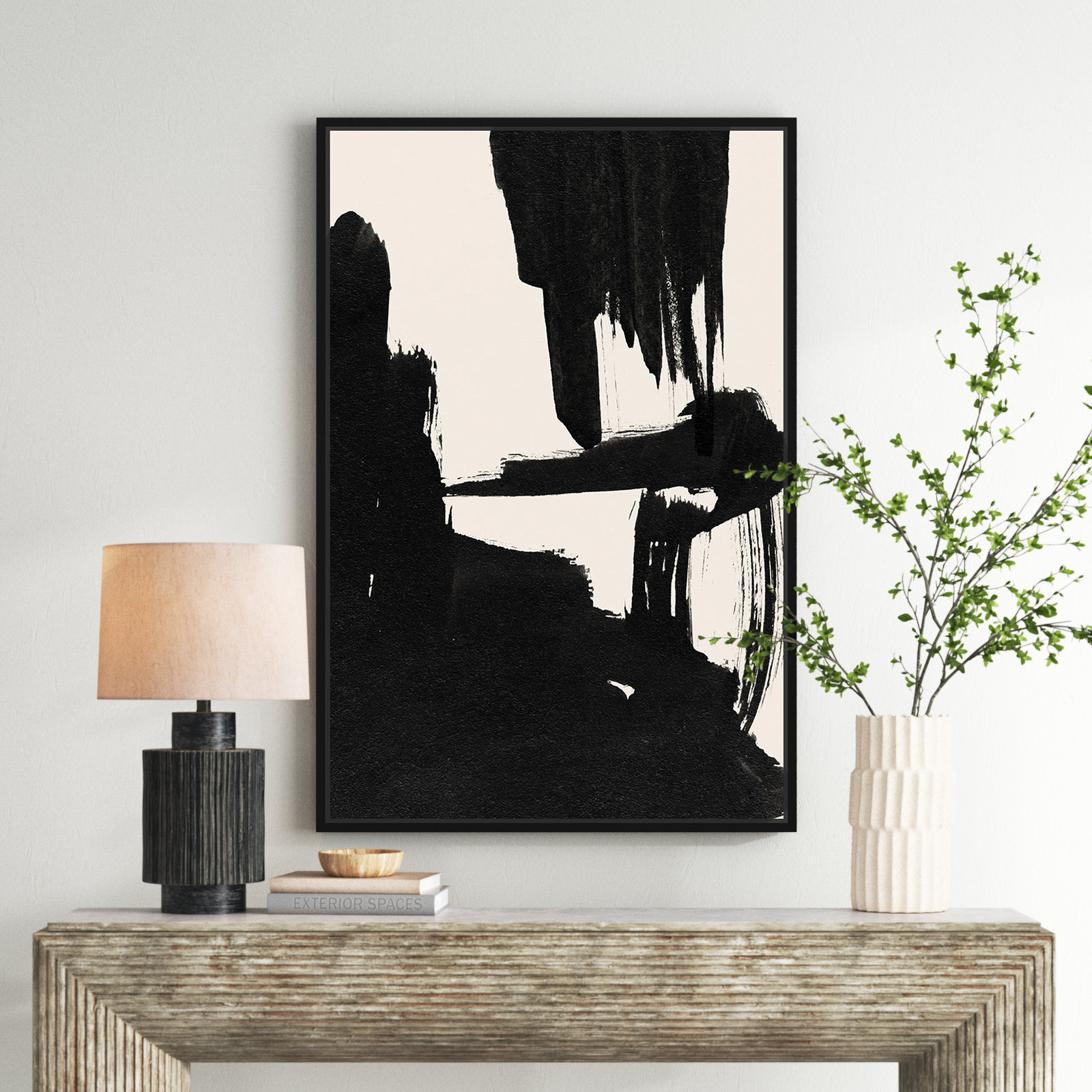 Abstract Black and White Brush Stroke Print, Black, 55" H x 37" W